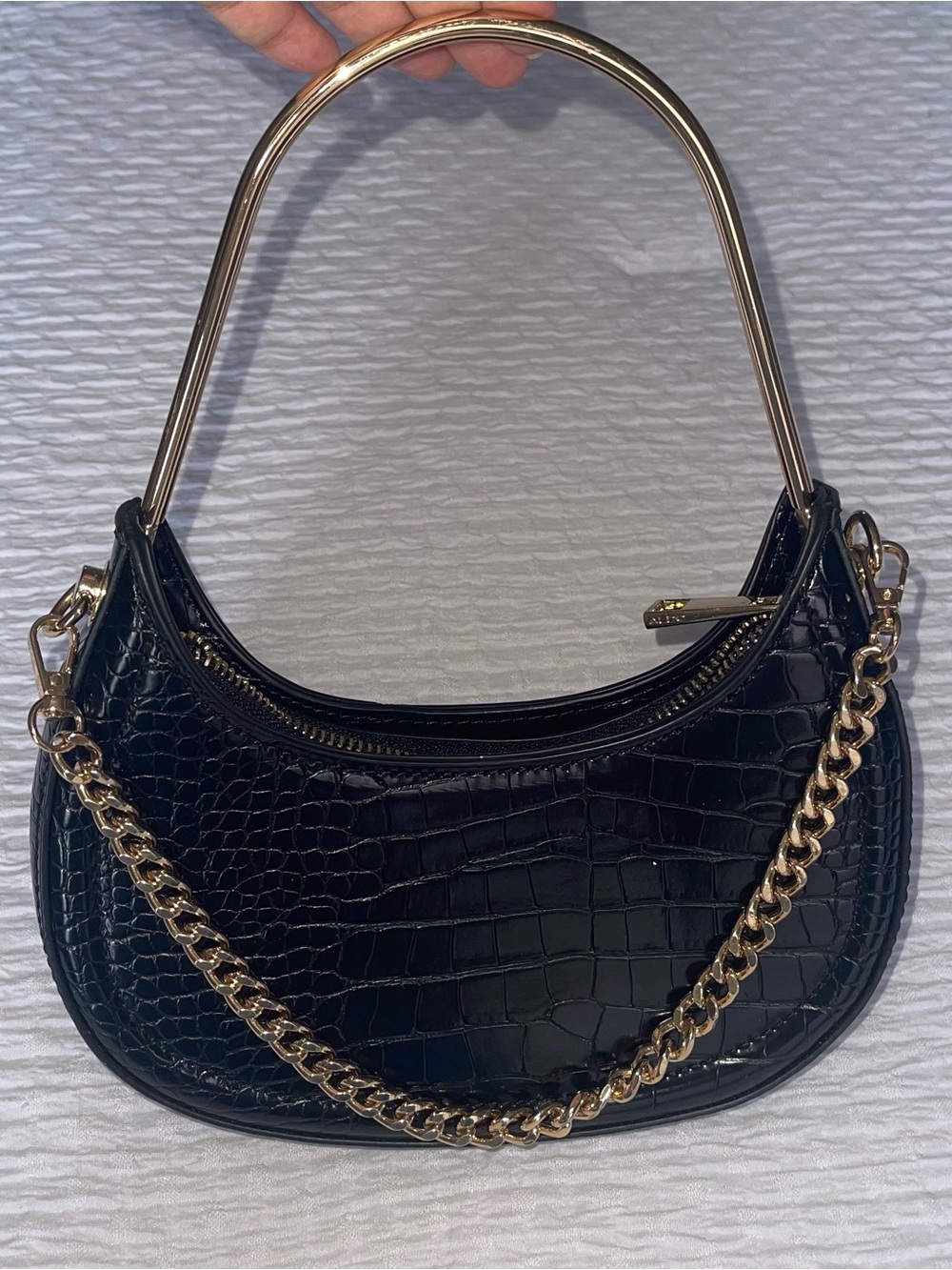 Aldo Black Croc-Embossed Shoulder Bag with Gold Handle & Chain